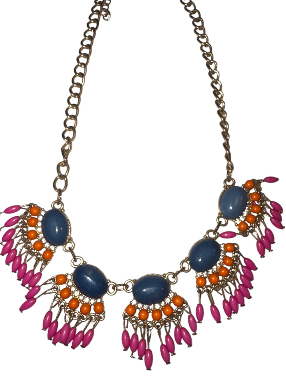J. Crew Blue, Orange and Pink Fringe Statement Necklace